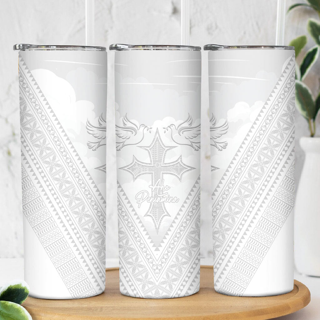 Peniamina Gospel Day Niue Skinny Tumbler Cross Dove Hiapo Pattern White LT14 - Polynesian Pride