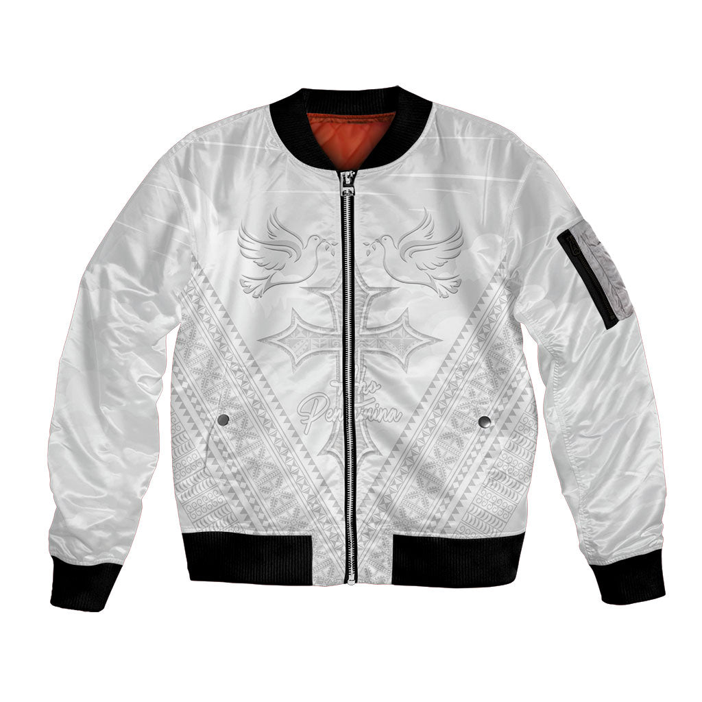 Peniamina Gospel Day Niue Sleeve Zip Bomber Jacket Cross Dove Hiapo Pattern White LT14 Unisex White - Polynesian Pride