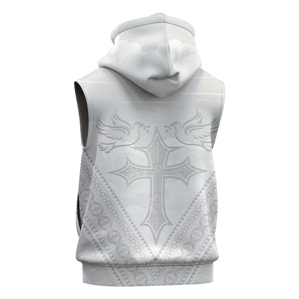 Peniamina Gospel Day Niue Sleeveless Hoodie Cross Dove Hiapo Pattern White LT14 - Polynesian Pride