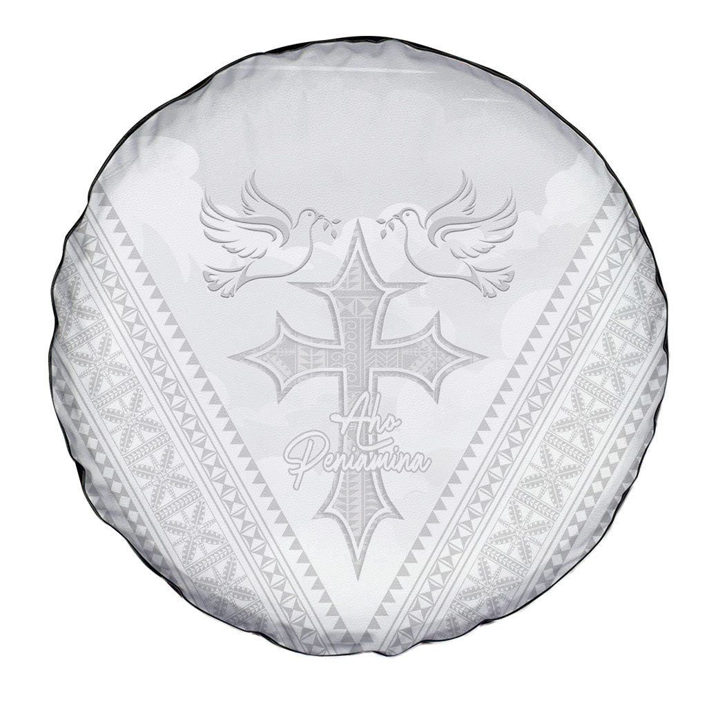 Peniamina Gospel Day Niue Spare Tire Cover Cross Dove Hiapo Pattern White LT14 - Polynesian Pride