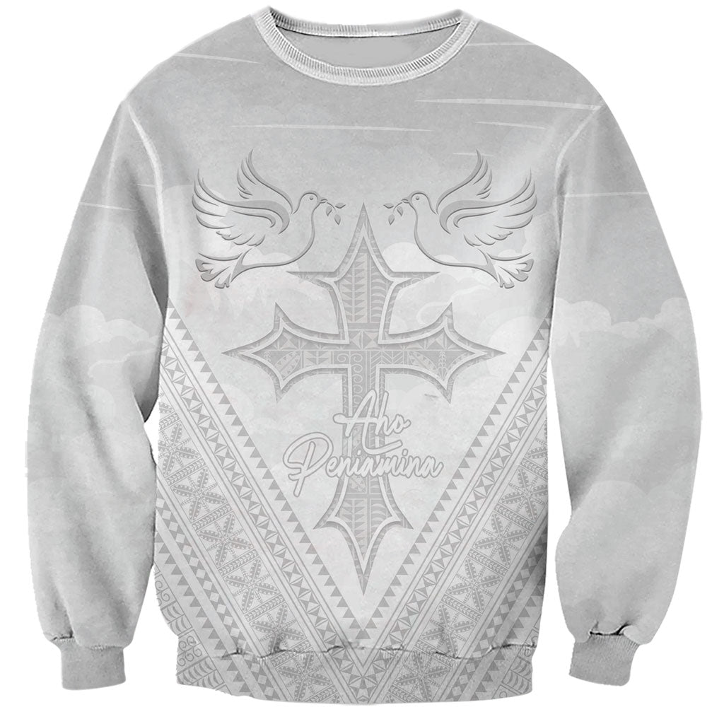 Peniamina Gospel Day Niue Sweatshirt Cross Dove Hiapo Pattern White