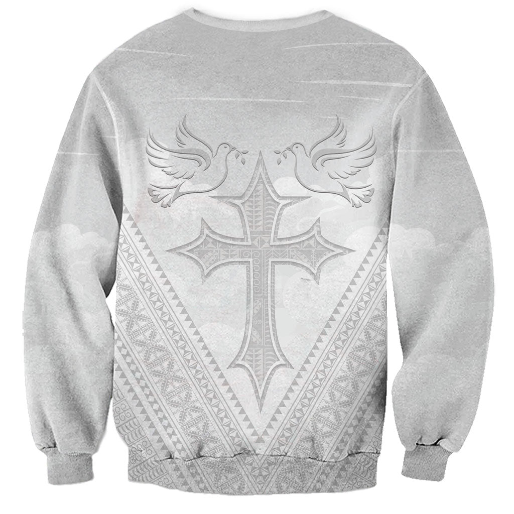 Peniamina Gospel Day Niue Sweatshirt Cross Dove Hiapo Pattern White