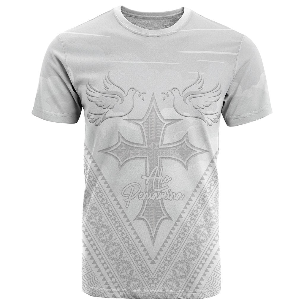 Peniamina Gospel Day Niue T Shirt Cross Dove Hiapo Pattern White