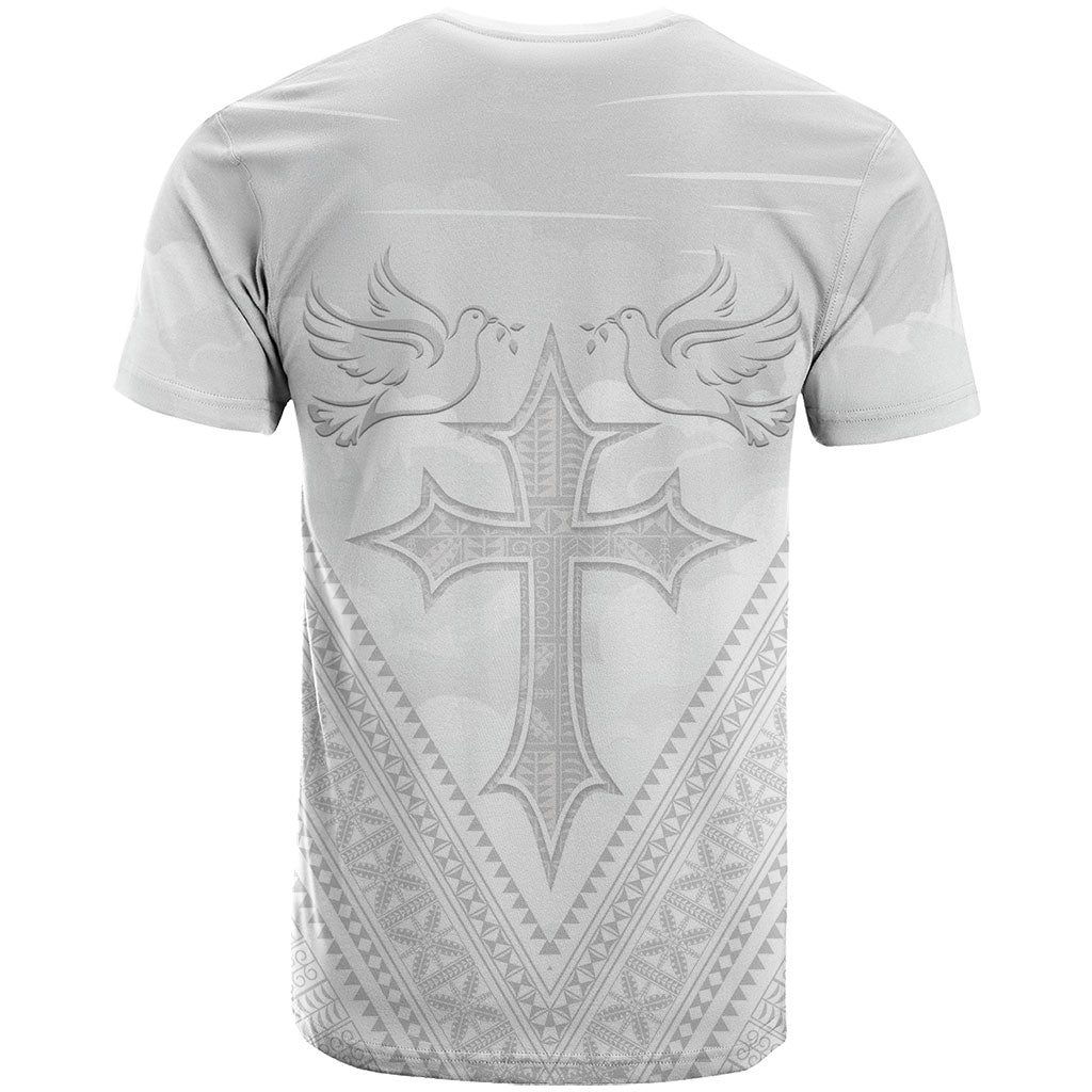 Peniamina Gospel Day Niue T Shirt Cross Dove Hiapo Pattern White
