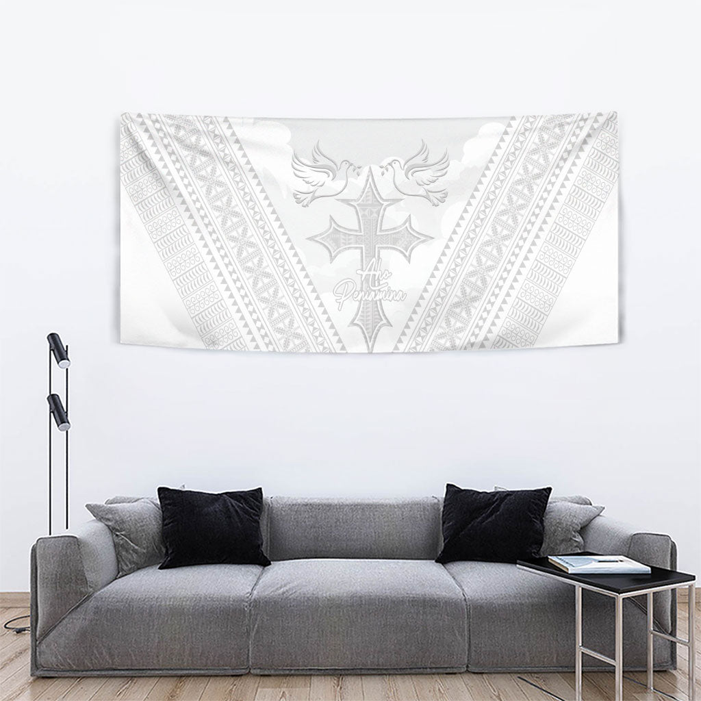 Peniamina Gospel Day Niue Tapestry Cross Dove Hiapo Pattern White LT14 - Polynesian Pride
