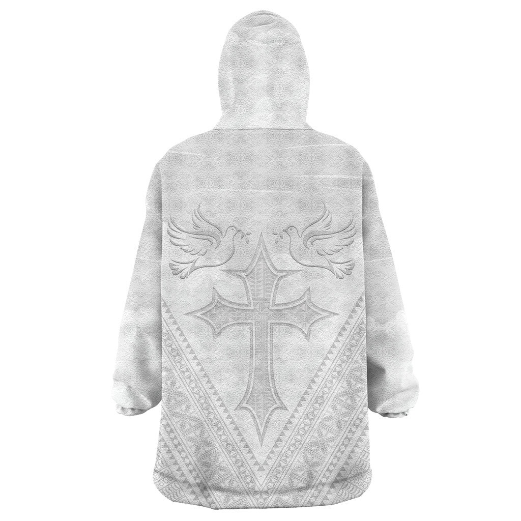 Peniamina Gospel Day Niue Wearable Blanket Hoodie Cross Dove Hiapo Pattern White LT14 - Polynesian Pride