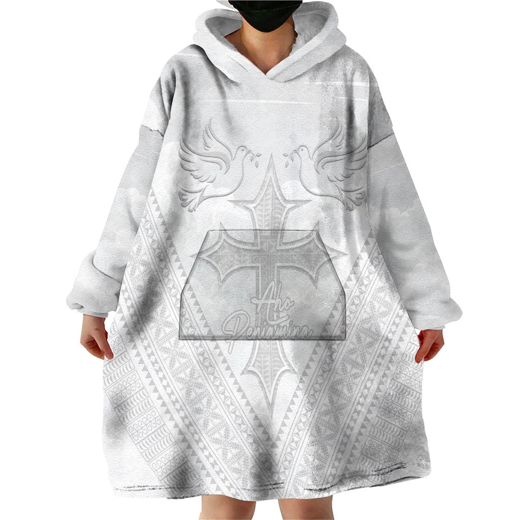 Peniamina Gospel Day Niue Wearable Blanket Hoodie Cross Dove Hiapo Pattern White LT14 - Polynesian Pride