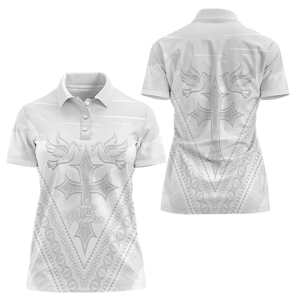 Peniamina Gospel Day Niue Women Polo Shirt Cross Dove Hiapo Pattern White LT14 - Polynesian Pride