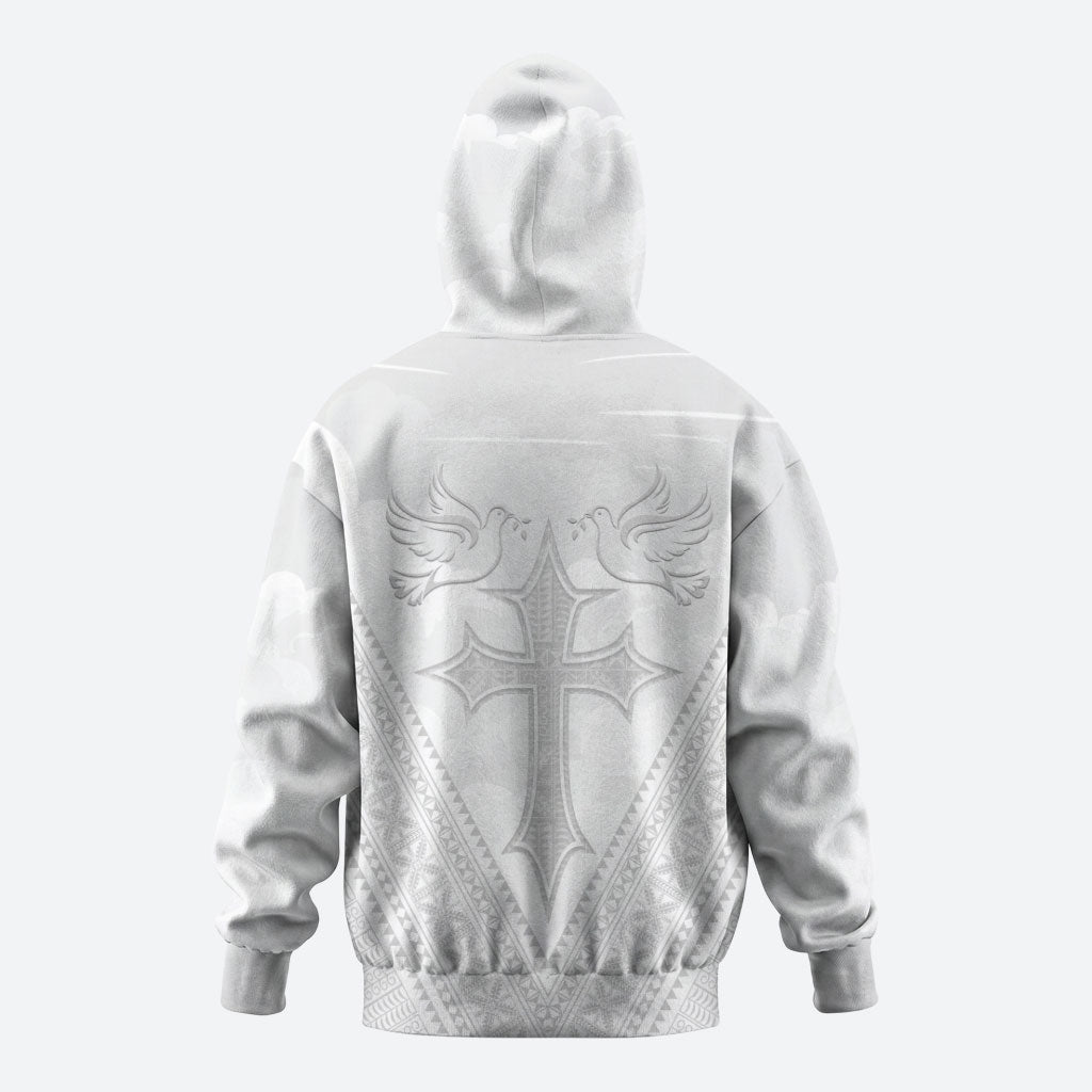 Peniamina Gospel Day Niue Zip Hoodie Cross Dove Hiapo Pattern White LT14 - Polynesian Pride