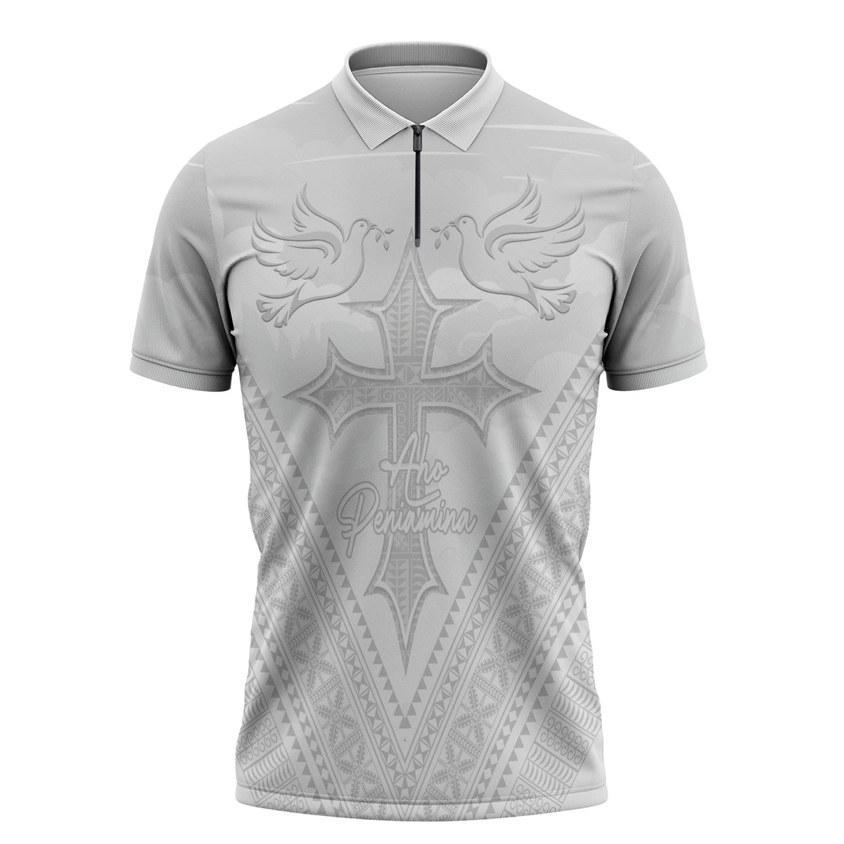 Peniamina Gospel Day Niue Zipper Polo Shirt Cross Dove Hiapo Pattern White LT14 White - Polynesian Pride