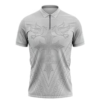 Peniamina Gospel Day Niue Zipper Polo Shirt Cross Dove Hiapo Pattern White LT14 White - Polynesian Pride