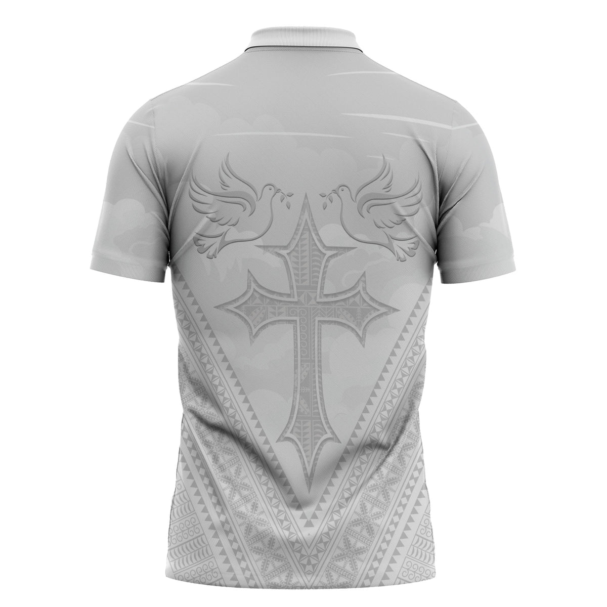 Peniamina Gospel Day Niue Zipper Polo Shirt Cross Dove Hiapo Pattern White LT14 - Polynesian Pride