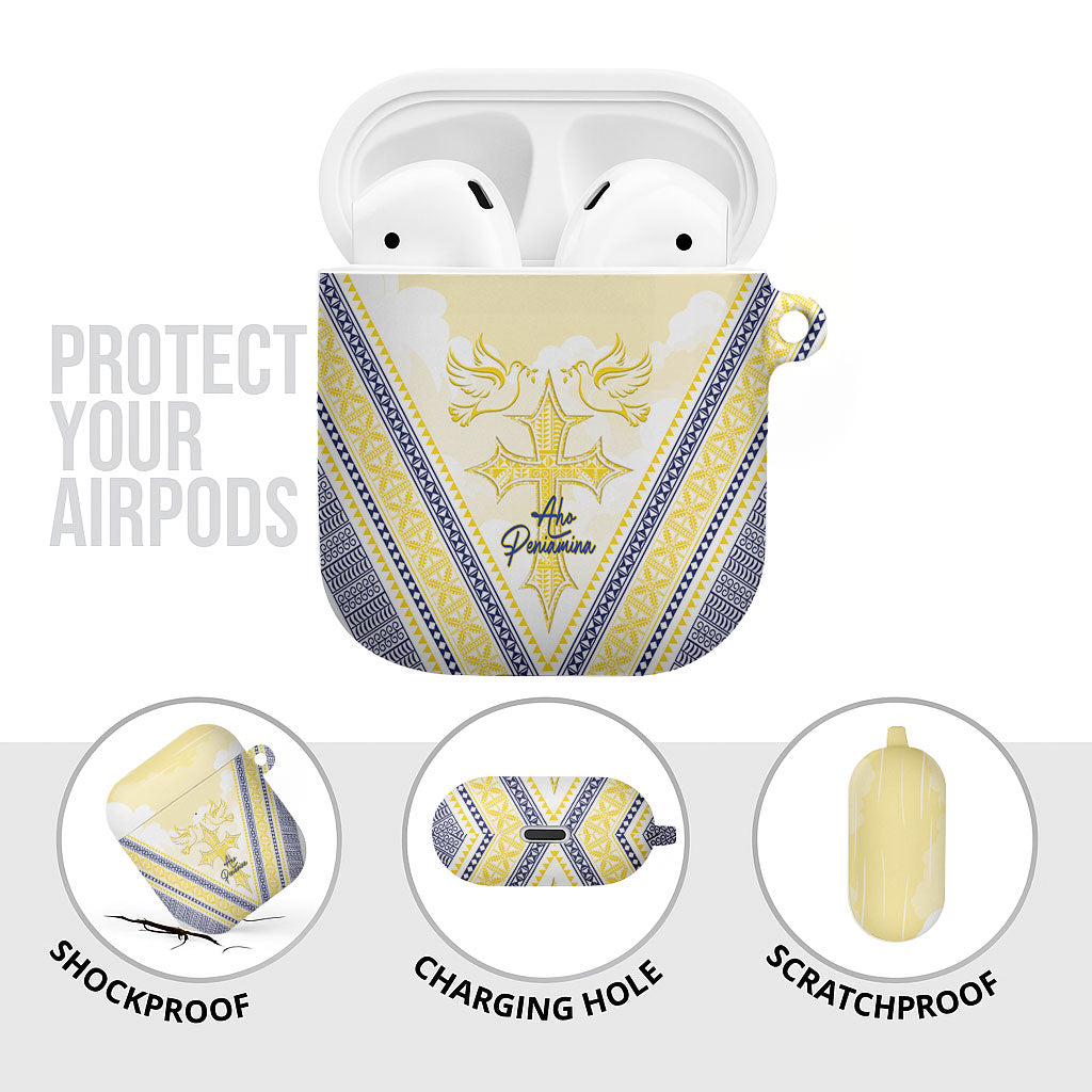 Peniamina Gospel Day Niue AirPods Case Cross Dove Hiapo Pattern Yellow LT14 - Polynesian Pride
