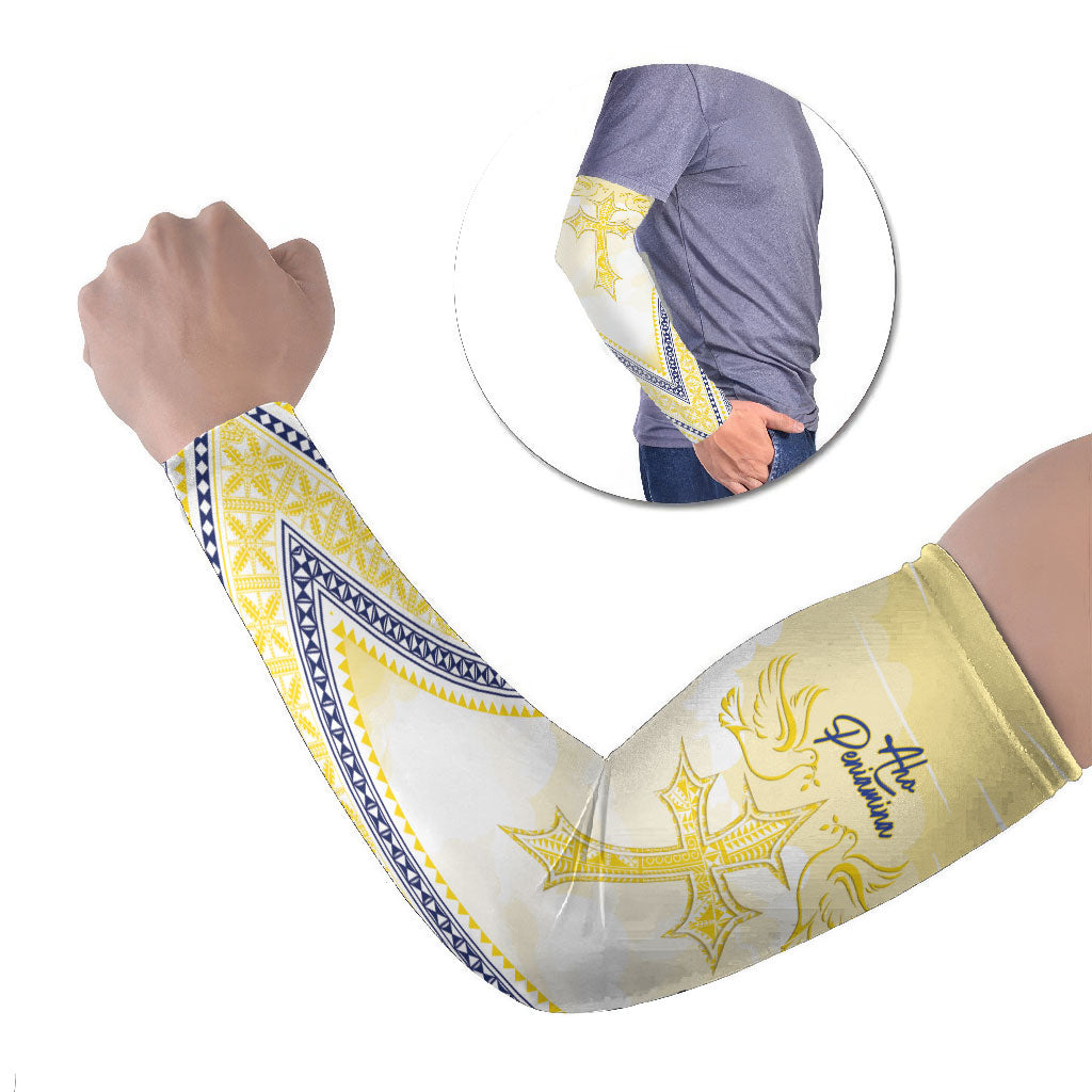 Peniamina Gospel Day Niue Arm Sleeves Cross Dove Hiapo Pattern Yellow LT14 Set of 2 Yellow - Polynesian Pride
