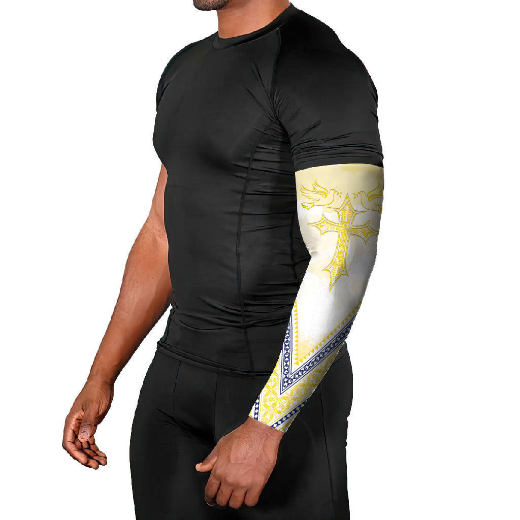 Peniamina Gospel Day Niue Arm Sleeves Cross Dove Hiapo Pattern Yellow LT14 - Polynesian Pride