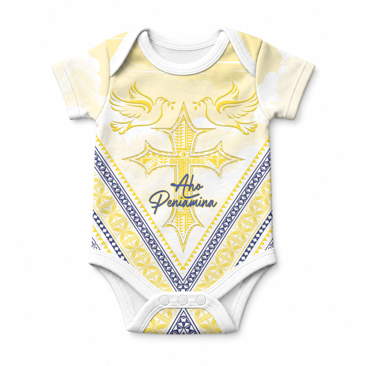 Peniamina Gospel Day Niue Baby Onesie Cross Dove Hiapo Pattern Yellow