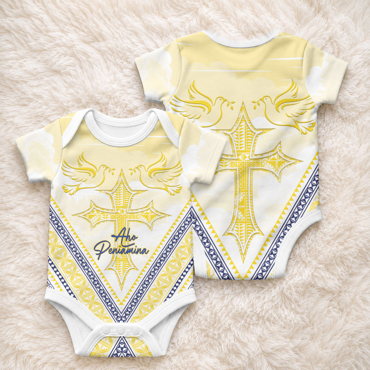 Peniamina Gospel Day Niue Baby Onesie Cross Dove Hiapo Pattern Yellow