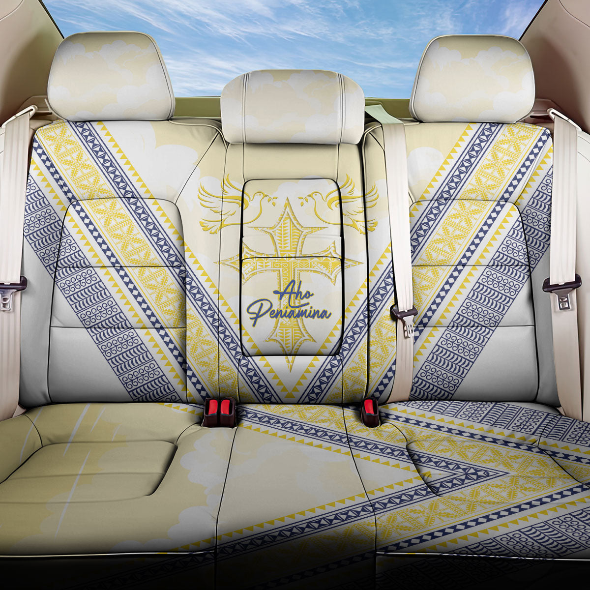 Peniamina Gospel Day Niue Back Car Seat Cover Cross Dove Hiapo Pattern Yellow LT14 One Size Yellow - Polynesian Pride
