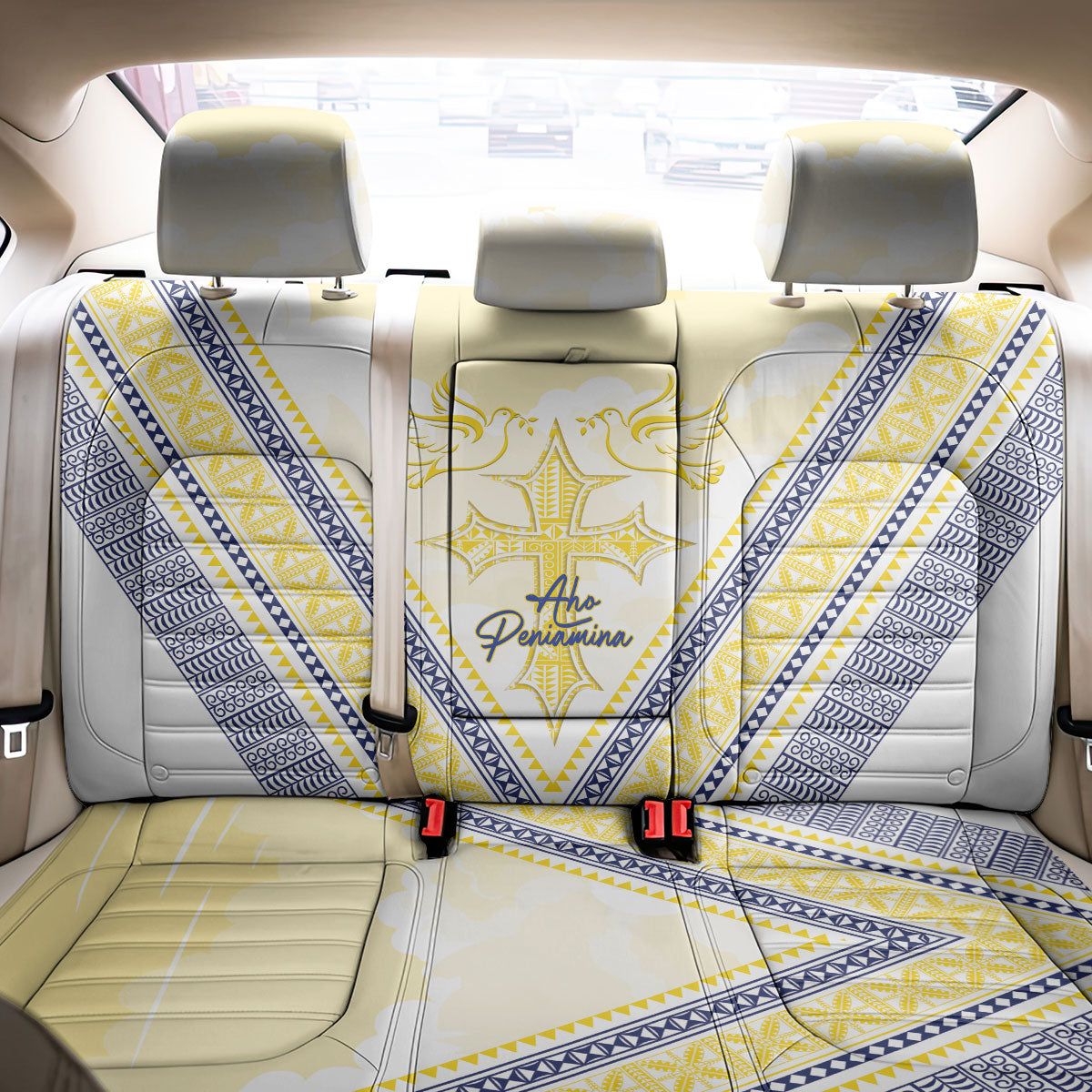 Peniamina Gospel Day Niue Back Car Seat Cover Cross Dove Hiapo Pattern Yellow LT14 - Polynesian Pride