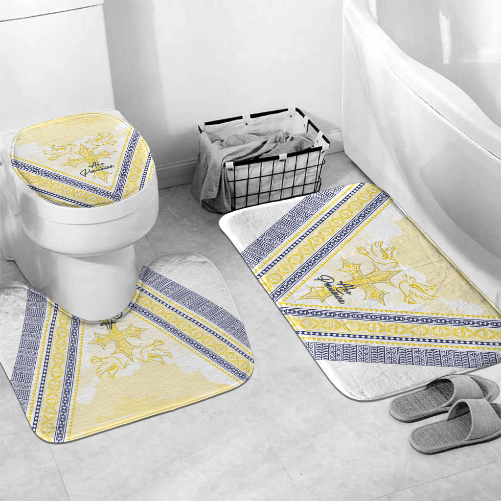 Peniamina Gospel Day Niue Bathroom Set Cross Dove Hiapo Pattern Yellow LT14 Mat Set Only (3 pcs) One Size Yellow - Polynesian Pride