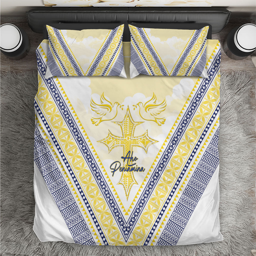 Peniamina Gospel Day Niue Bedding Set Cross Dove Hiapo Pattern Yellow LT14 Yellow - Polynesian Pride