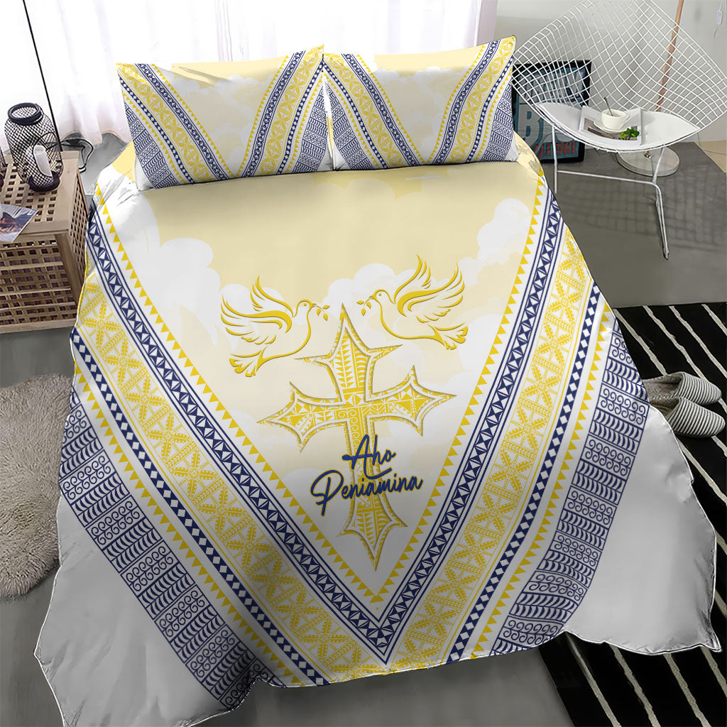 Peniamina Gospel Day Niue Bedding Set Cross Dove Hiapo Pattern Yellow LT14 - Polynesian Pride