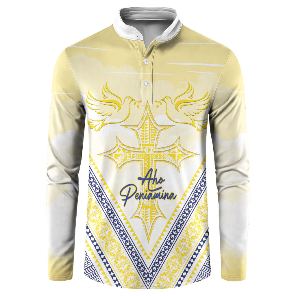 Peniamina Gospel Day Niue Button Sweatshirt Cross Dove Hiapo Pattern Yellow LT14 Yellow - Polynesian Pride