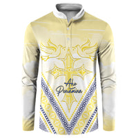 Peniamina Gospel Day Niue Button Sweatshirt Cross Dove Hiapo Pattern Yellow LT14 Yellow - Polynesian Pride