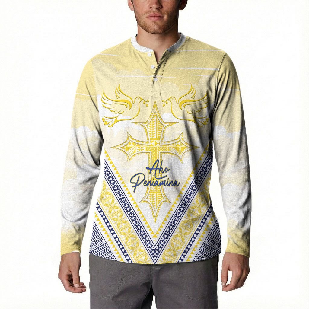 Peniamina Gospel Day Niue Button Sweatshirt Cross Dove Hiapo Pattern Yellow LT14 - Polynesian Pride
