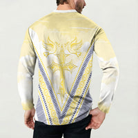 Peniamina Gospel Day Niue Button Sweatshirt Cross Dove Hiapo Pattern Yellow LT14 - Polynesian Pride