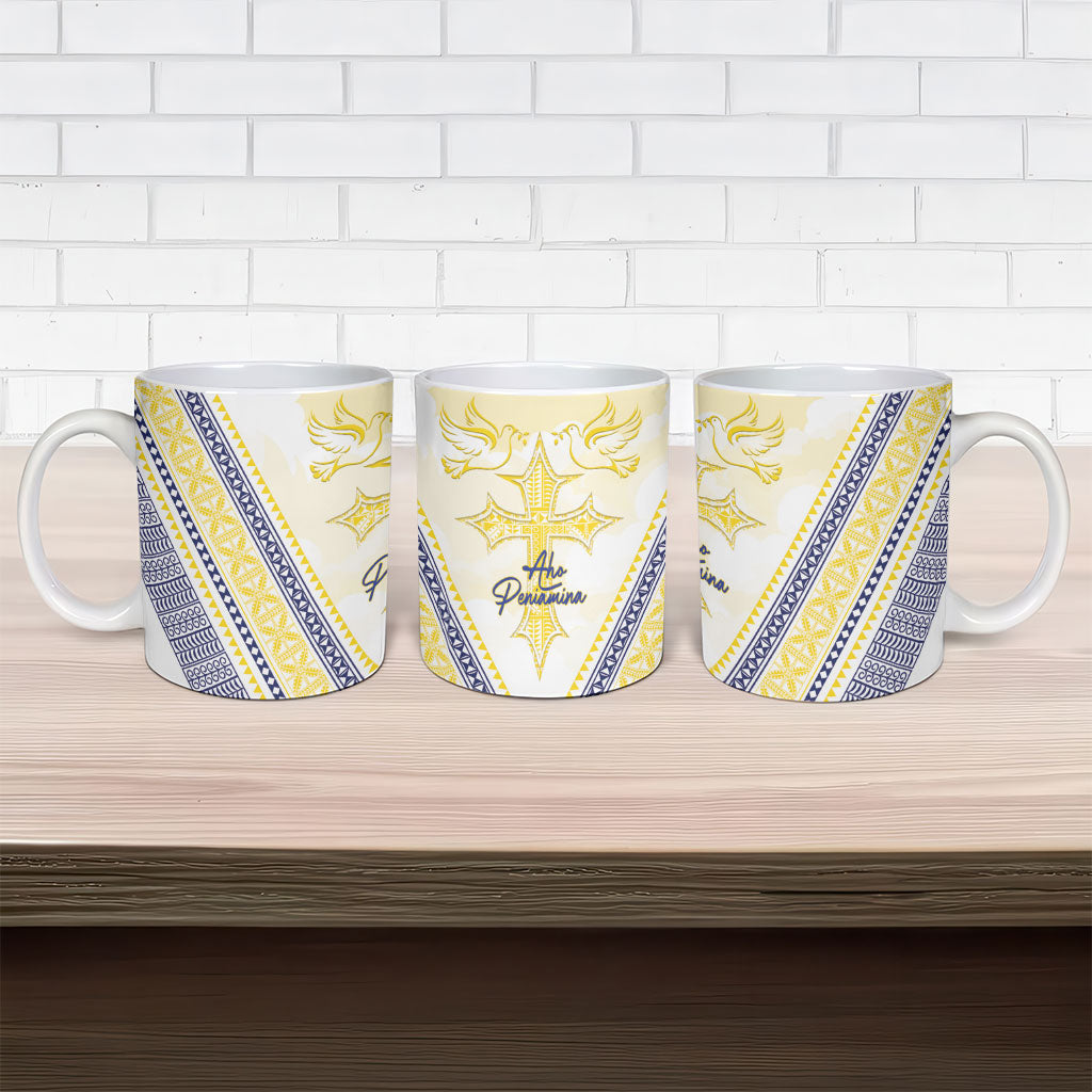 Peniamina Gospel Day Niue Ceramic Mug Cross Dove Hiapo Pattern Yellow LT14 - Polynesian Pride
