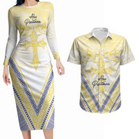 Peniamina Gospel Day Niue Couples Matching Long Sleeve Bodycon Dress and Hawaiian Shirt Cross Dove Hiapo Pattern Yellow LT14 Yellow - Polynesian Pride