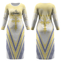 Peniamina Gospel Day Niue Couples Matching Long Sleeve Bodycon Dress and Hawaiian Shirt Cross Dove Hiapo Pattern Yellow LT14 - Polynesian Pride