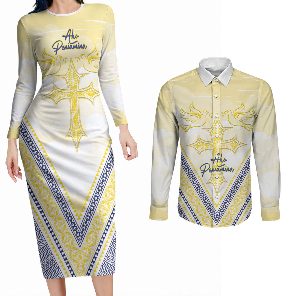 Peniamina Gospel Day Niue Couples Matching Long Sleeve Bodycon Dress and Long Sleeve Button Shirt Cross Dove Hiapo Pattern Yellow LT14 Yellow - Polynesian Pride