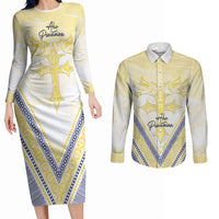 Peniamina Gospel Day Niue Couples Matching Long Sleeve Bodycon Dress and Long Sleeve Button Shirt Cross Dove Hiapo Pattern Yellow LT14 Yellow - Polynesian Pride