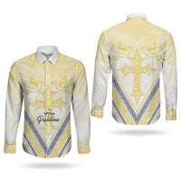Peniamina Gospel Day Niue Couples Matching Long Sleeve Bodycon Dress and Long Sleeve Button Shirt Cross Dove Hiapo Pattern Yellow LT14 - Polynesian Pride
