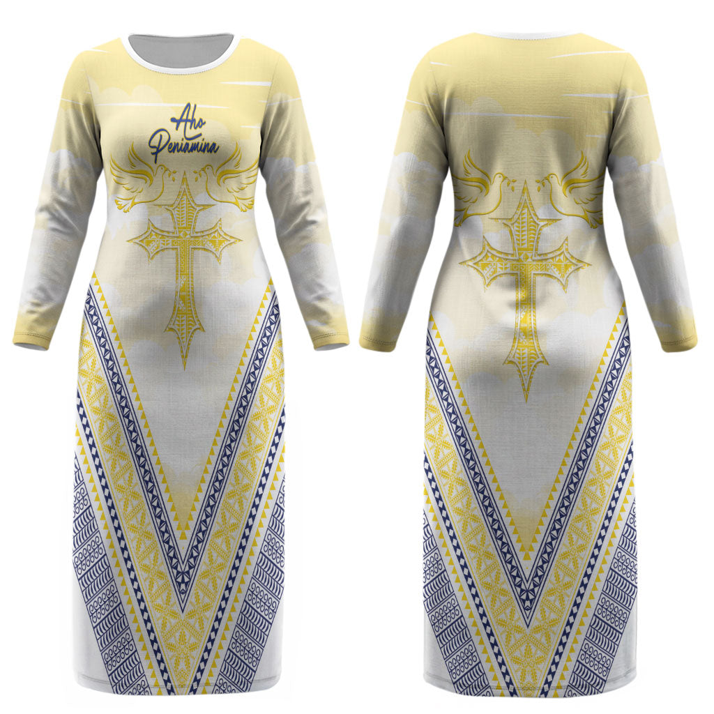 Peniamina Gospel Day Niue Couples Matching Long Sleeve Bodycon Dress and Long Sleeve Button Shirt Cross Dove Hiapo Pattern Yellow LT14 - Polynesian Pride