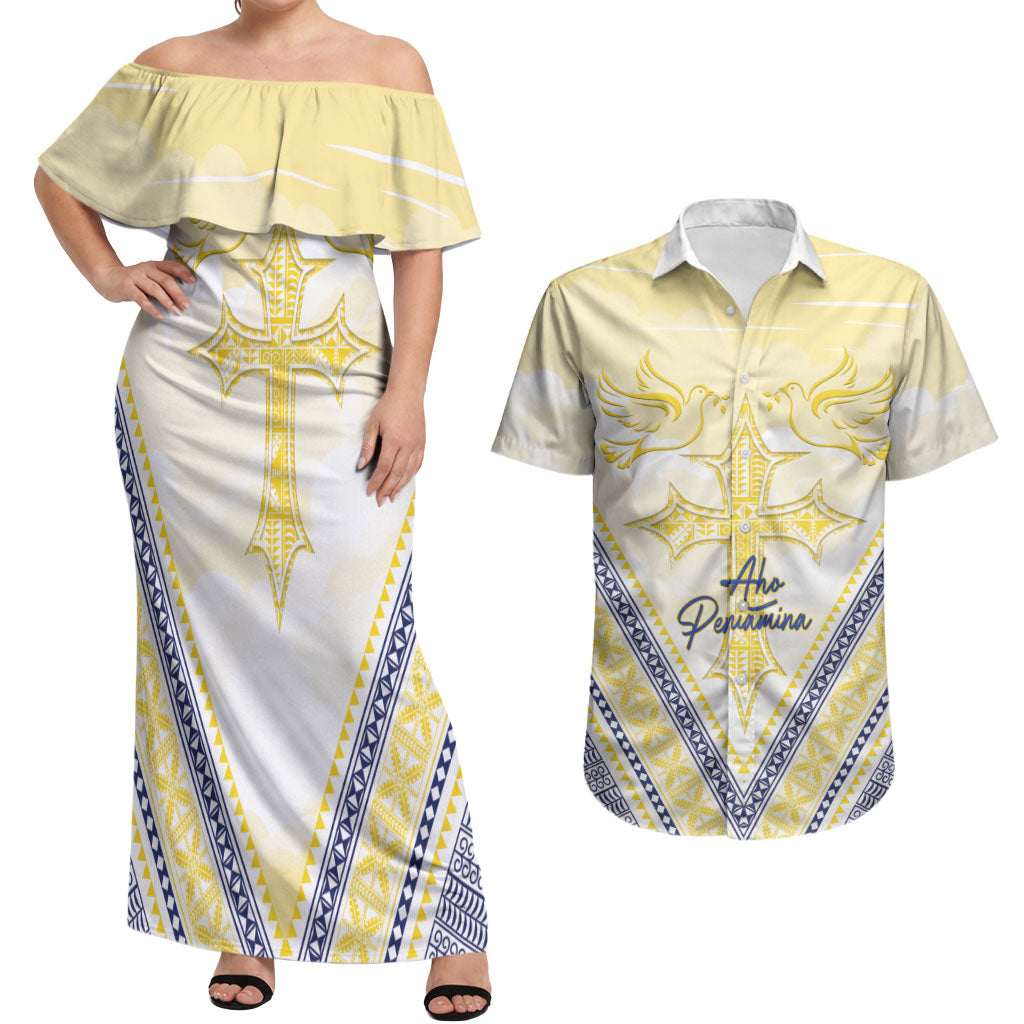 Peniamina Gospel Day Niue Couples Matching Off Shoulder Maxi Dress and Hawaiian Shirt Cross Dove Hiapo Pattern Yellow