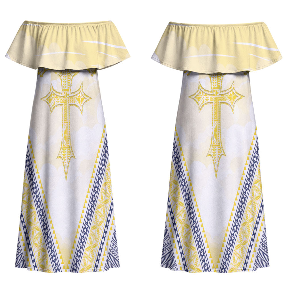 Peniamina Gospel Day Niue Couples Matching Off Shoulder Maxi Dress and Hawaiian Shirt Cross Dove Hiapo Pattern Yellow