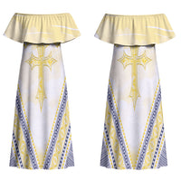Peniamina Gospel Day Niue Couples Matching Off Shoulder Maxi Dress and Hawaiian Shirt Cross Dove Hiapo Pattern Yellow