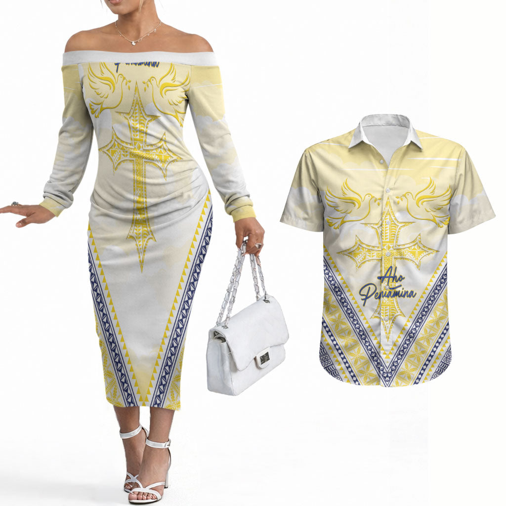 Peniamina Gospel Day Niue Couples Matching Off The Shoulder Long Sleeve Dress and Hawaiian Shirt Cross Dove Hiapo Pattern Yellow