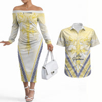 Peniamina Gospel Day Niue Couples Matching Off The Shoulder Long Sleeve Dress and Hawaiian Shirt Cross Dove Hiapo Pattern Yellow