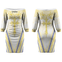 Peniamina Gospel Day Niue Couples Matching Off The Shoulder Long Sleeve Dress and Hawaiian Shirt Cross Dove Hiapo Pattern Yellow