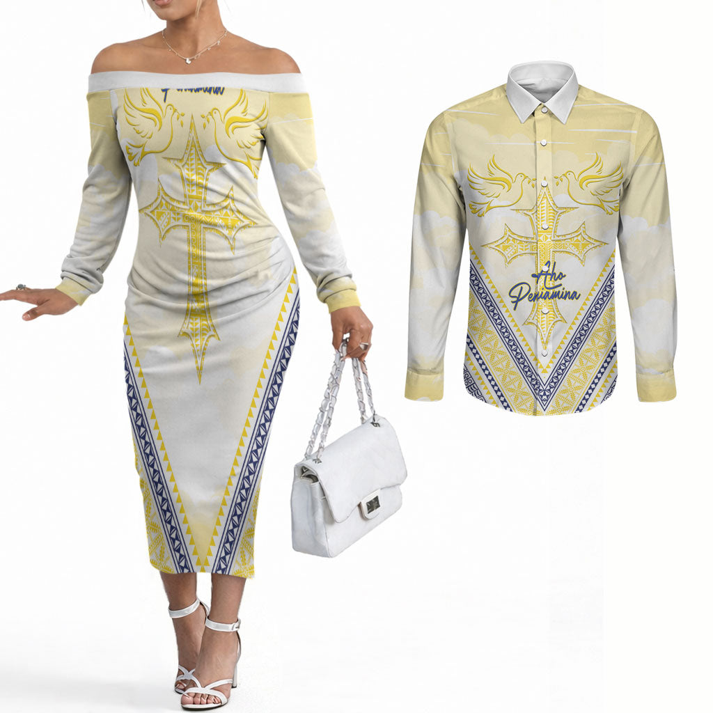 Peniamina Gospel Day Niue Couples Matching Off The Shoulder Long Sleeve Dress and Long Sleeve Button Shirt Cross Dove Hiapo Pattern Yellow LT14 Yellow - Polynesian Pride