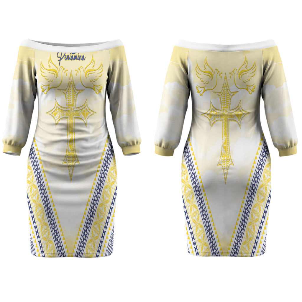 Peniamina Gospel Day Niue Couples Matching Off The Shoulder Long Sleeve Dress and Long Sleeve Button Shirt Cross Dove Hiapo Pattern Yellow LT14 - Polynesian Pride