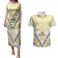 Peniamina Gospel Day Niue Couples Matching Puletasi and Hawaiian Shirt Cross Dove Hiapo Pattern Yellow