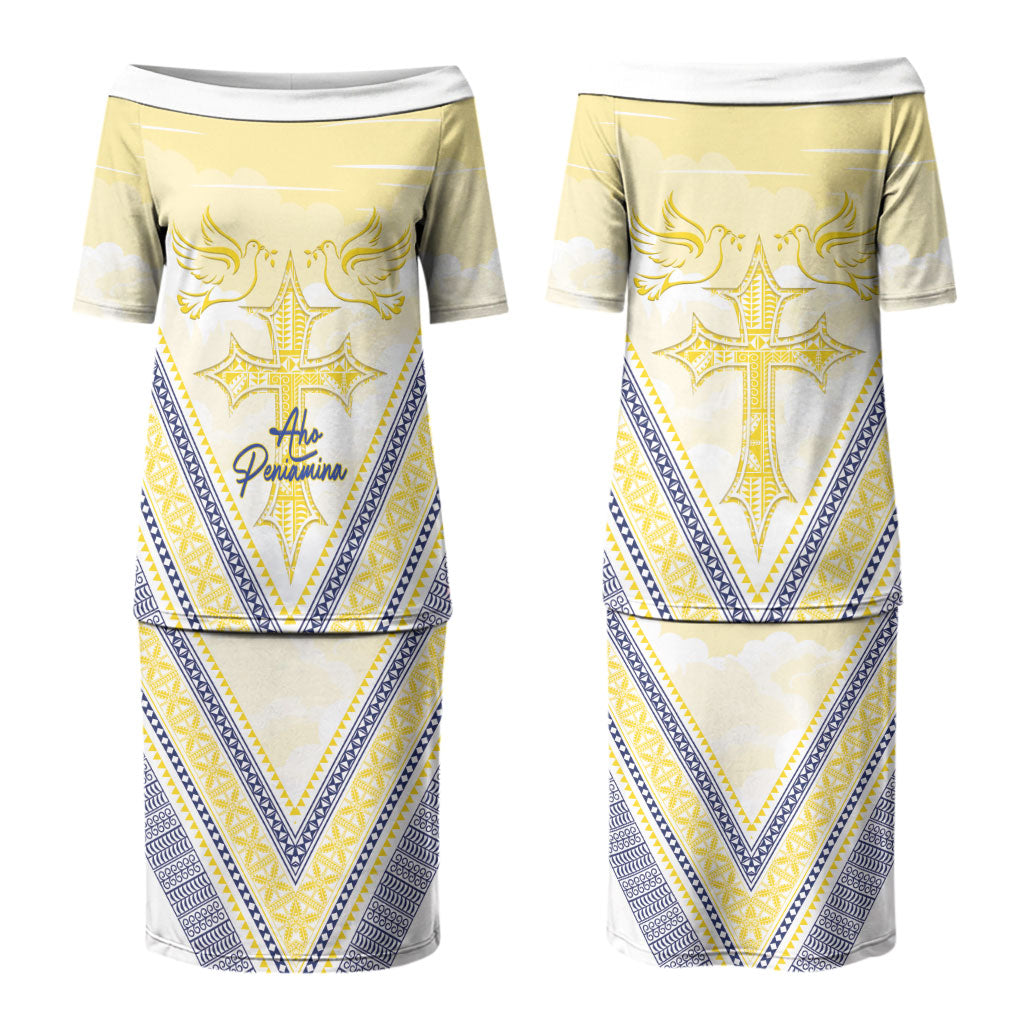 Peniamina Gospel Day Niue Couples Matching Puletasi and Hawaiian Shirt Cross Dove Hiapo Pattern Yellow