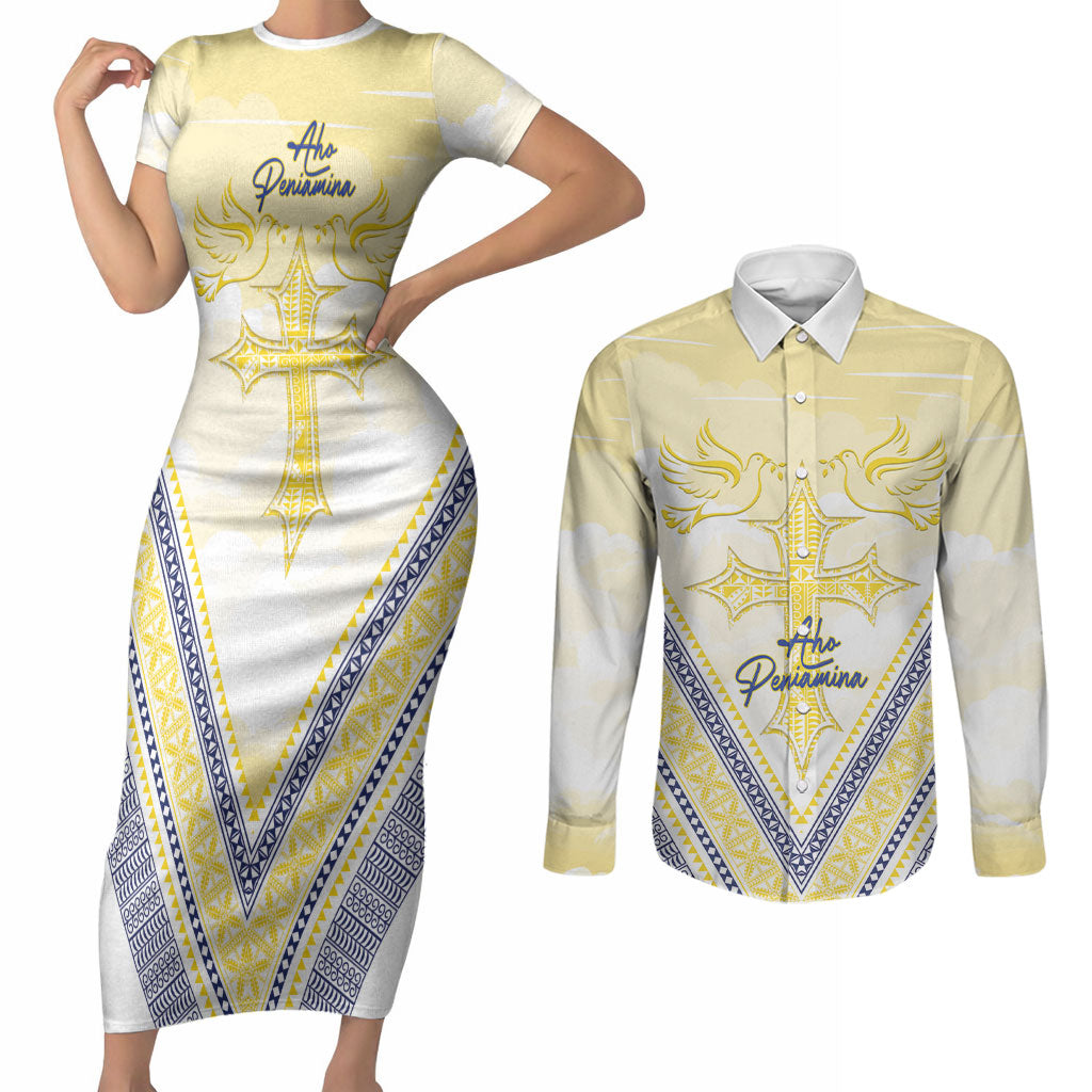 Peniamina Gospel Day Niue Couples Matching Short Sleeve Bodycon Dress and Long Sleeve Button Shirt Cross Dove Hiapo Pattern Yellow LT14 Yellow - Polynesian Pride