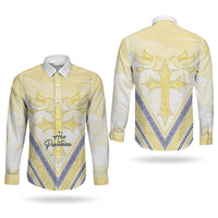 Peniamina Gospel Day Niue Couples Matching Short Sleeve Bodycon Dress and Long Sleeve Button Shirt Cross Dove Hiapo Pattern Yellow LT14 - Polynesian Pride