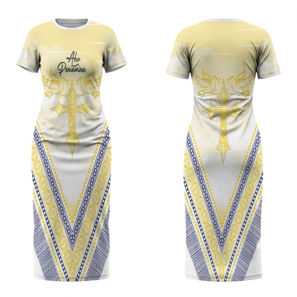 Peniamina Gospel Day Niue Couples Matching Short Sleeve Bodycon Dress and Long Sleeve Button Shirt Cross Dove Hiapo Pattern Yellow LT14 - Polynesian Pride